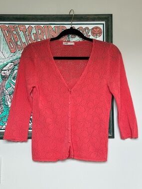 Mango Coral Openwork Cardigan V‑Neck Button Front 3/4 Sleeve Women’s Size S